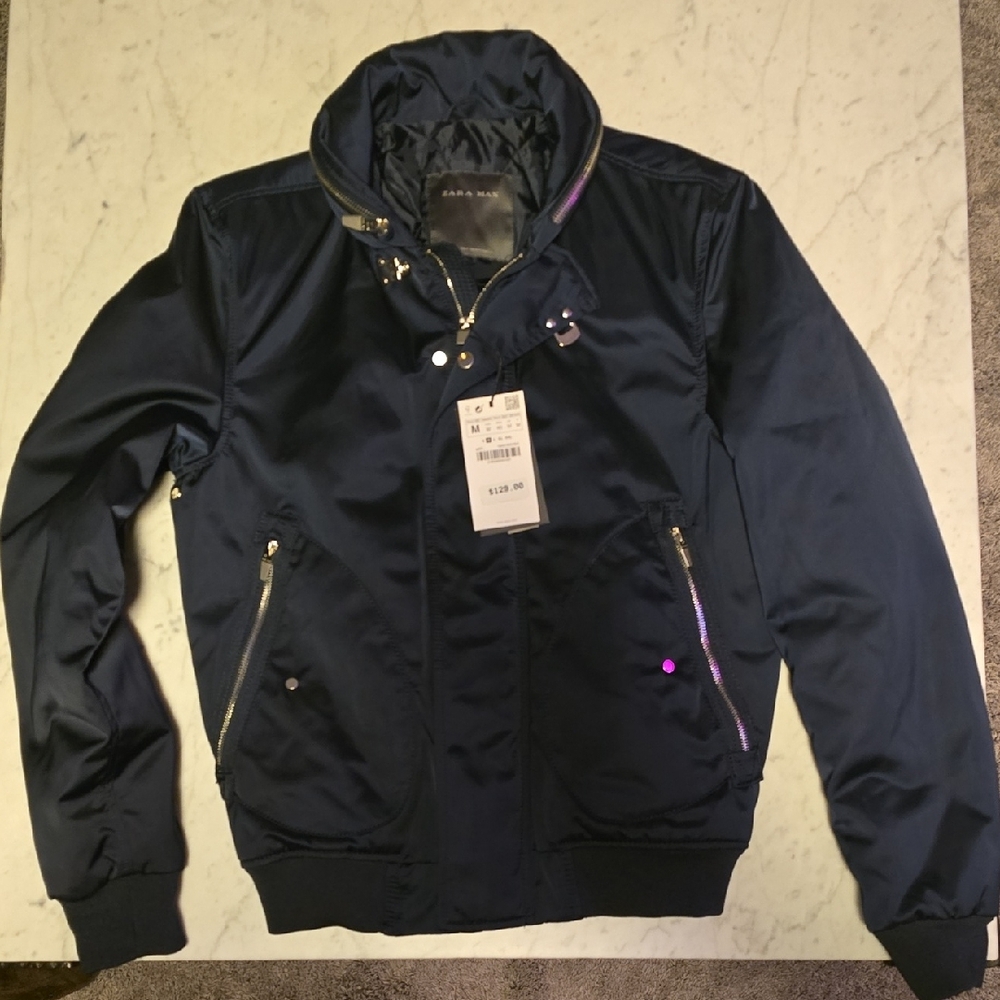 Zara Navy Bomber Jacket with Silver Accents
